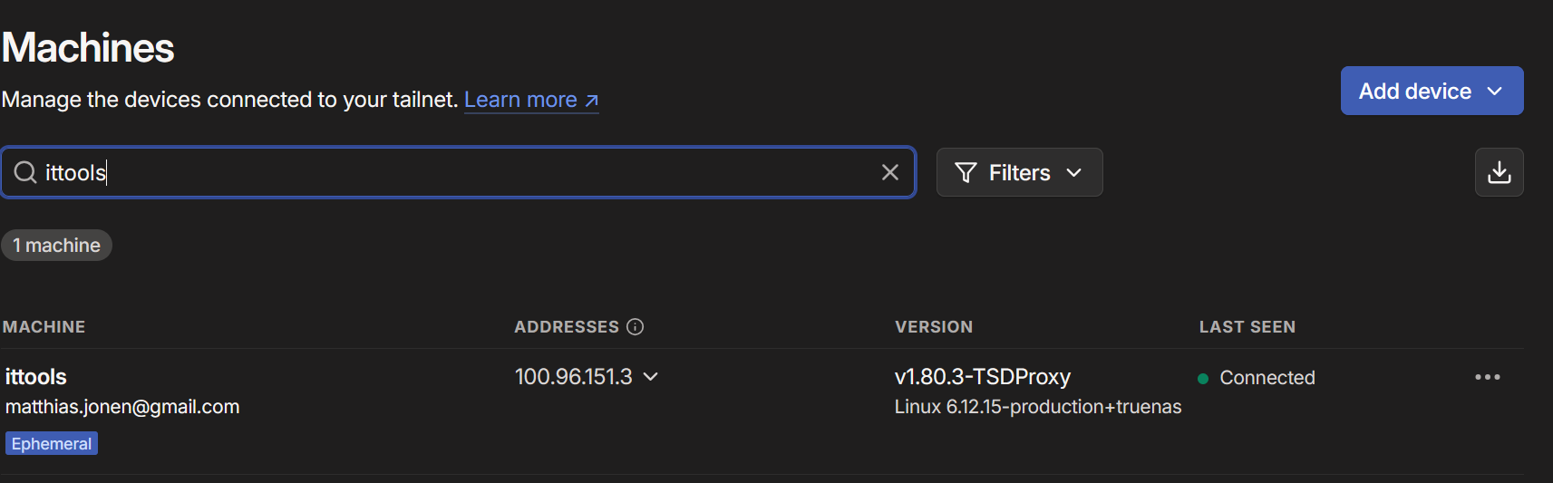 IT Tools als Maschine im Tailscale UI mit Name ittools